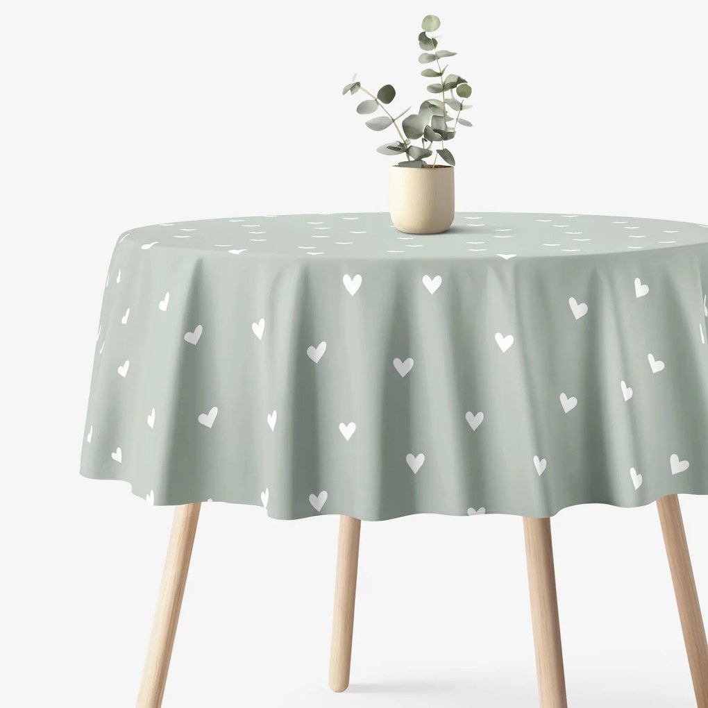 Goldea okrúhly obrus 100% bavlnené plátno - srdiečka na šalviovo zelenom Ø 160 cm
