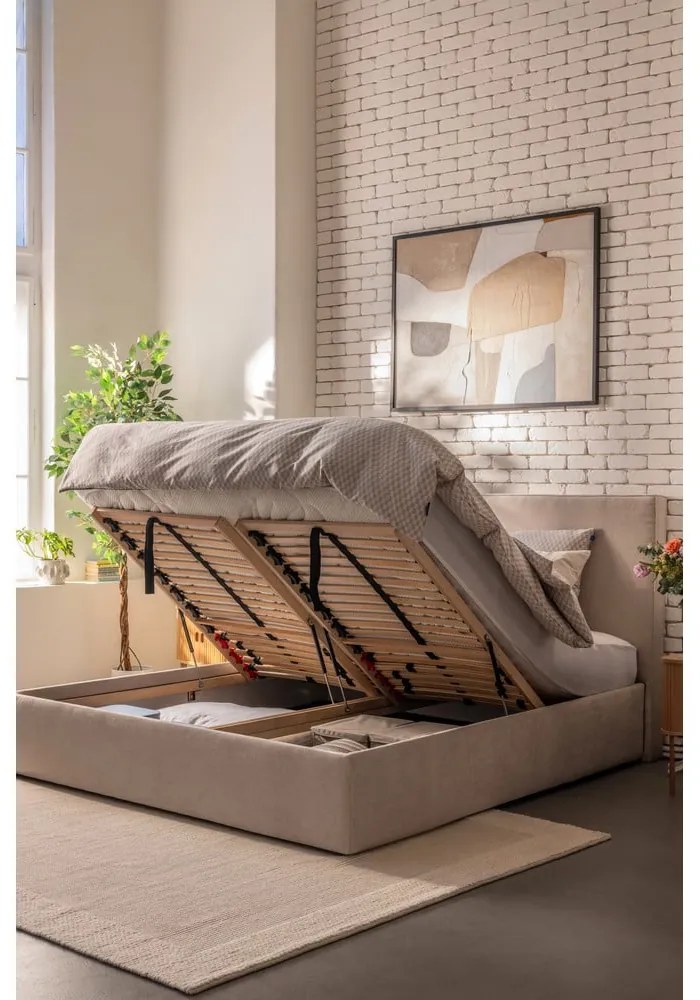 Béžová čalúnená dvojlôžková posteľ s úložným priestorom s matracom/s roštom 180x200 cm Thessa Bold – Bonami Selection