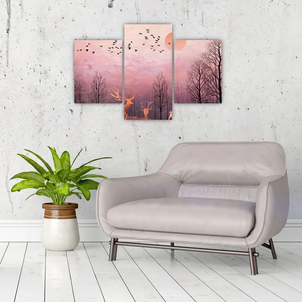 Obraz - Jelene v žiare zapadajúceho slnka (90x60 cm)