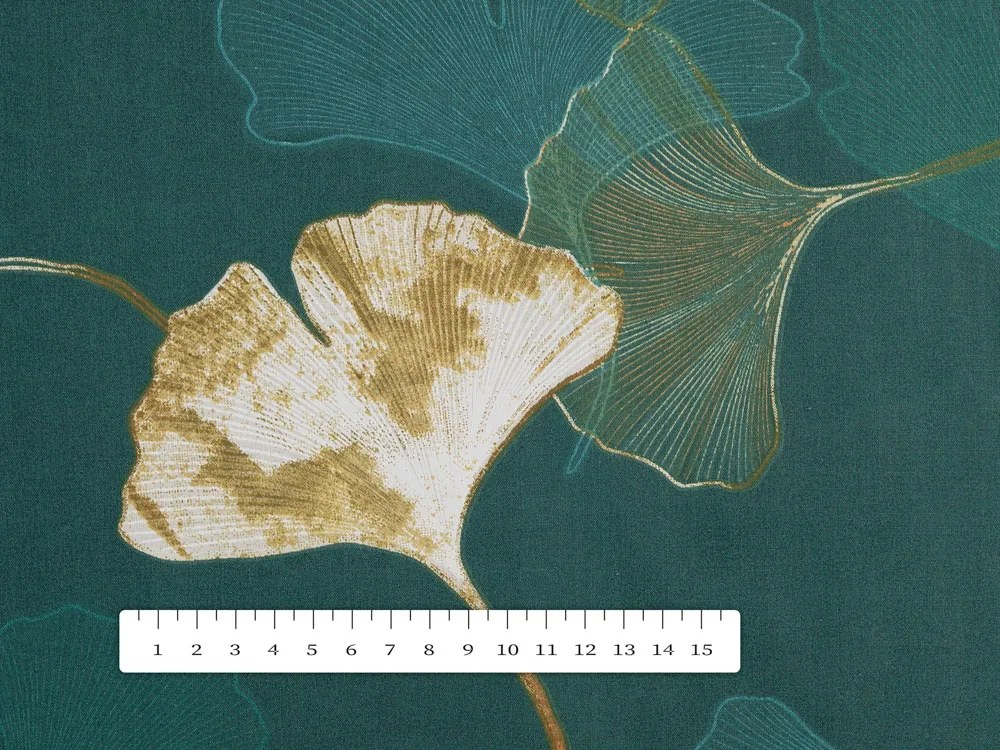 Bavlnená látka/plátno Sandra SA-428 Ginkgo listy na petrolejovom - šírka 145 cm