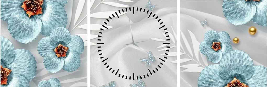 Obraz - 3D modré kvety (s hodinami) (90x30 cm)