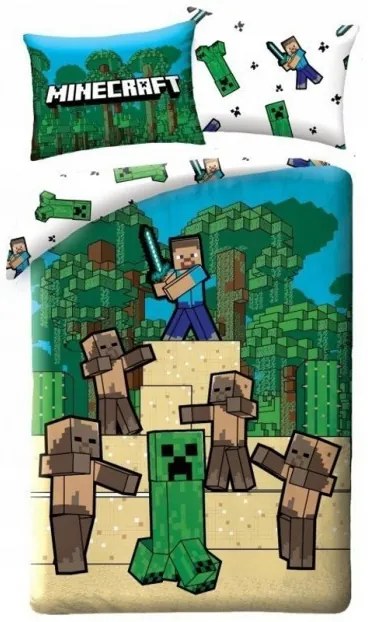 HALANTEX - Bavlnené posteľné obliečky Minecraft - Creeper a Steve / 140 x 200 cm + 70 x 90 cm