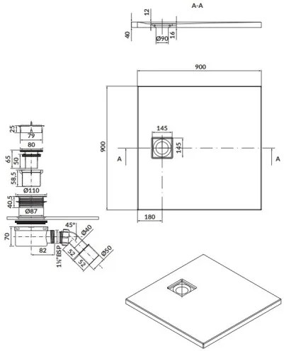 Cersanit Tako Slim, štvorcová akrylátová sprchová vanička 90x90x4 cm + čierny sifón, čierna, S932-166