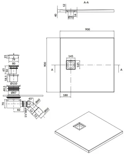 Cersanit Tako Slim, štvorcová akrylátová sprchová vanička 90x90x4 cm + čierny sifón, čierna, S932-166