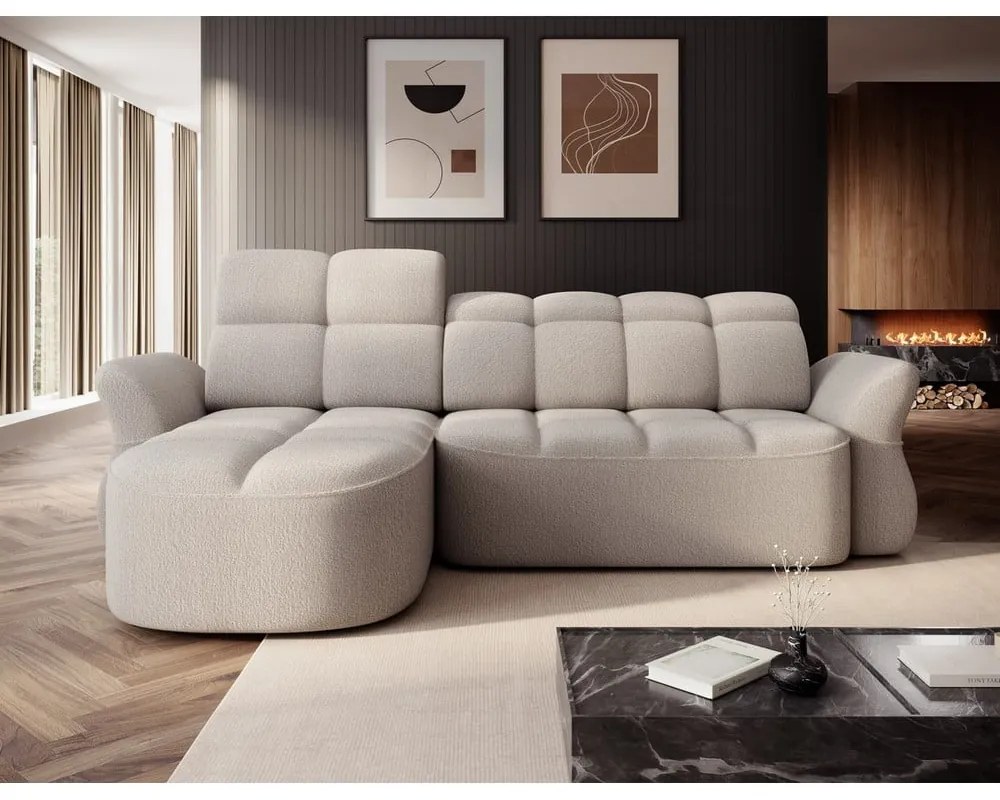 Béžová rozkladacia/s úložným priestorom rohová pohovka z textílie buklé (ľavý roh/s leňoškou) Beneth – ELTAP