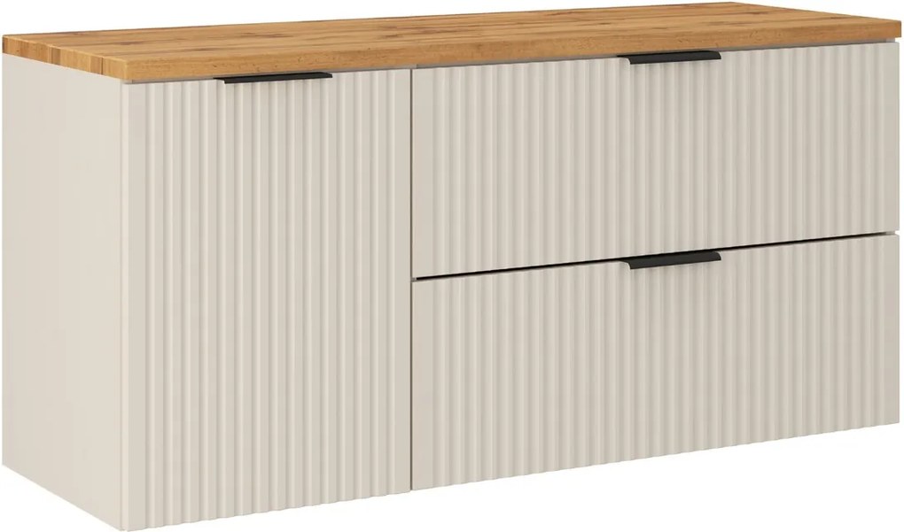 Závesná skrinka pod umývadlo Adele Cashmere s doskou a košom na prádlo 120 cm kašmírová/dub wotan