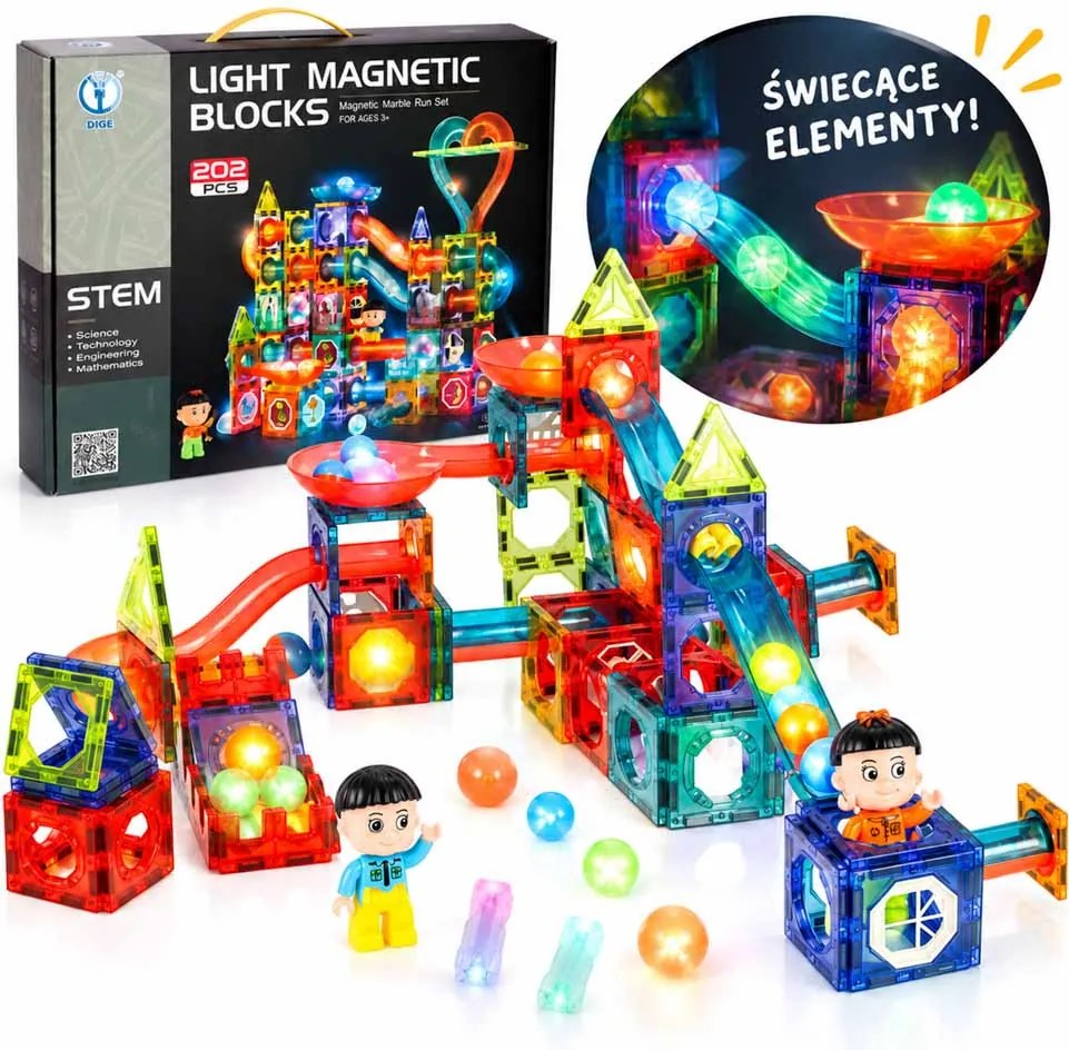 Magnetické bloky KIK – svietiaca guľôčková dráha, stavebnica 202 dielov