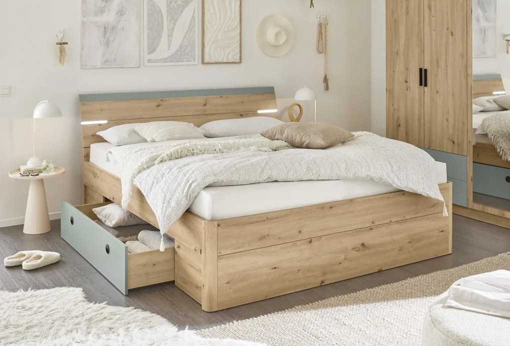 Posteľ s nočnými stolíkmi Savina 180x200 cm, dub artisan/šalviová, s osvetlením