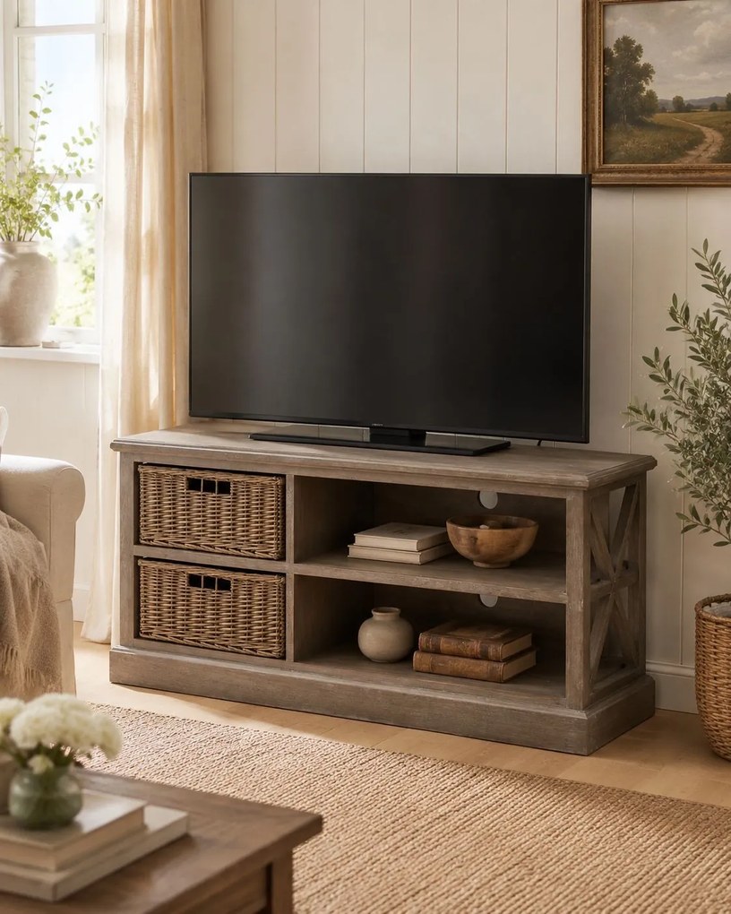 Drevený televízny stolík s 2 košíky Jerome - 120 * 49 * 51 cm