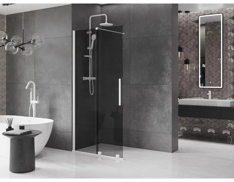 Mexen Velar, sprchová zástena s posuvnými dverami Walk-in 90 x 200 cm, 8mm šedé sklo, biela matná, 871-090-000-43-20