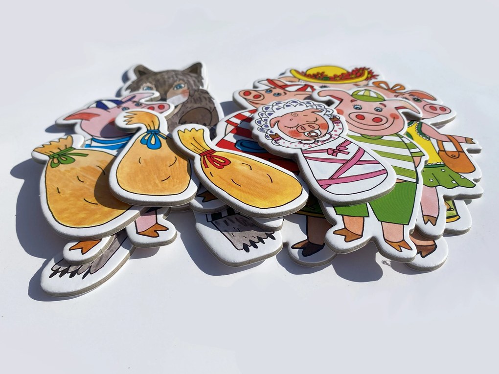 MARIONETINO Bábkové divadlo so zvieratkami – prasiatka a kozliatka (kompletný set, 15 bábok)