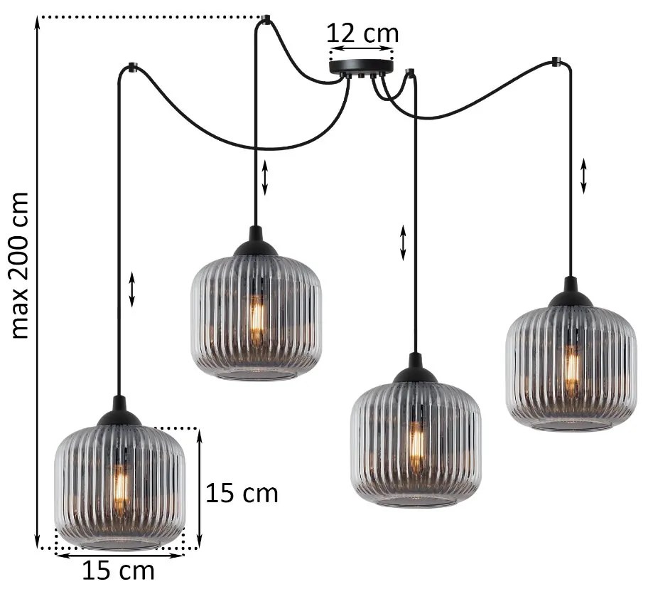 Závesné svietidlo Riffle Spider, 4x grafitové sklenené tienidlo