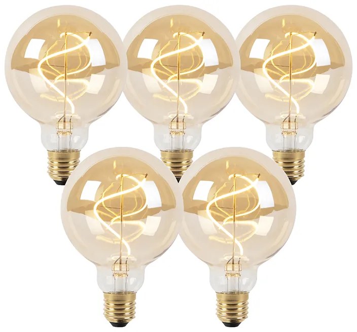Sada 5 stmievateľných LED žiaroviek so špirálovým vláknom E27 G95 zlatá 4W 270lm 2100K