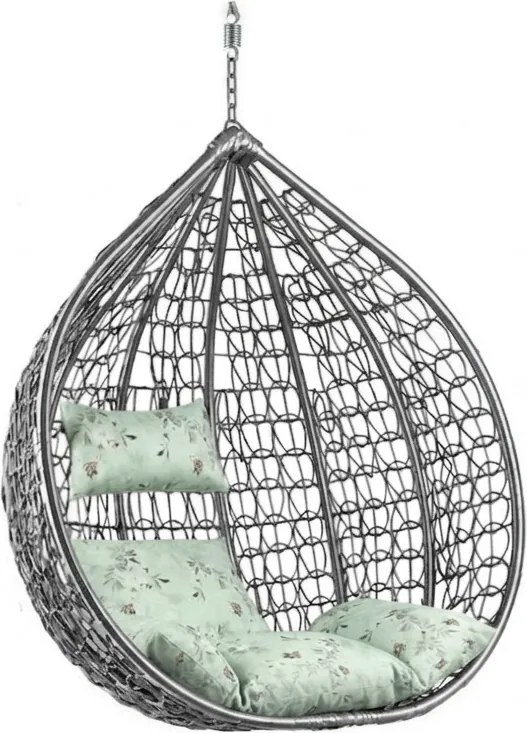 Sivé závesné kreslo KOKON bez stojanu, svetlozelený vankúš so vzorom