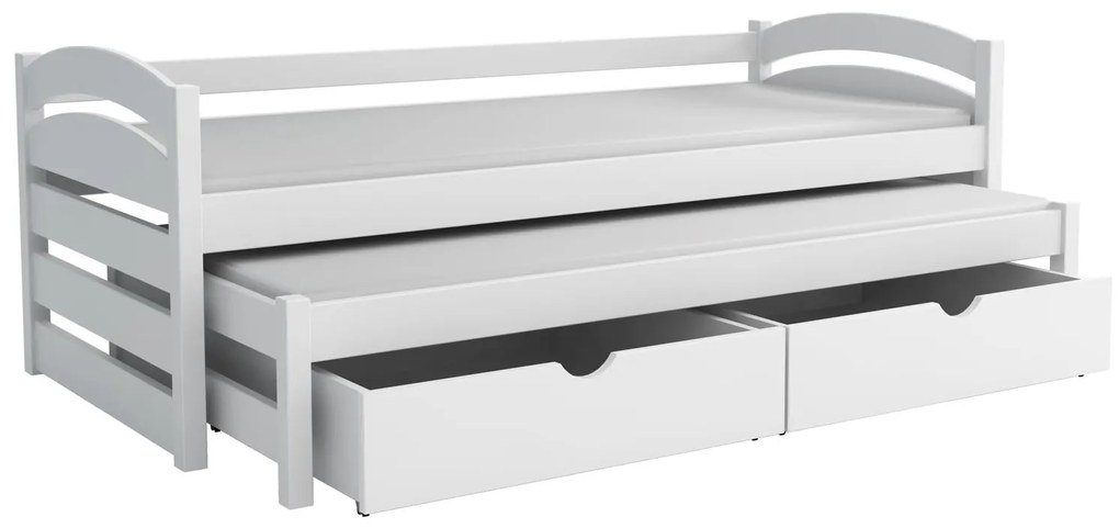 Detská posteľ z masívu borovice MONI s prístelkou a šuplíky - 200x90 cm - BIELA