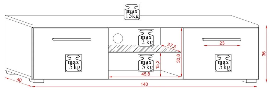 TV stolík Moon 140 cm čierny mat/čierny lesk