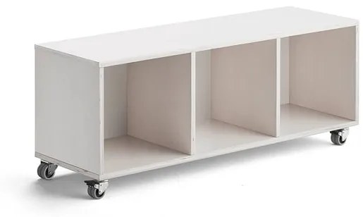 Drevená úložná skriňa RICO, s kolieskami, 3 priehradky, Š 1200 mm, biela