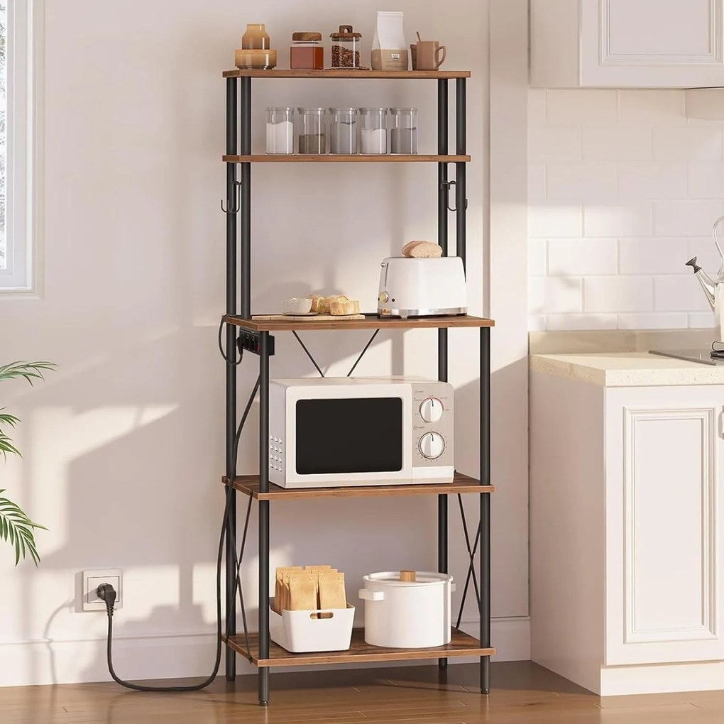 Kuchynský regál Vasagle Filo 60 cm so vstavanými zásuvkami čierny/hnedý