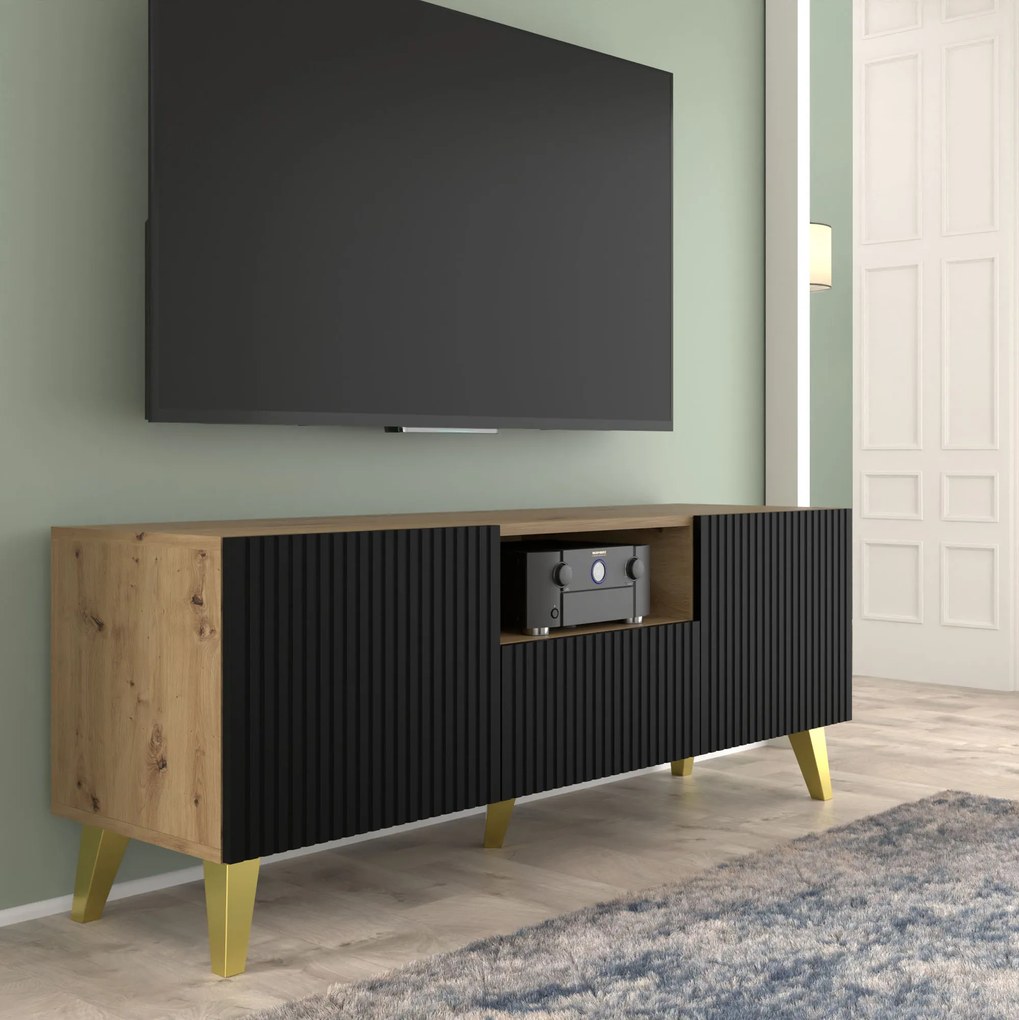 TV skrinka/stolík PB 150 2D1S Rowanna (dub artisan + čierna + zlatá). Akcia -20%. Vlastná spoľahlivá doprava až k Vám domov. 1125096