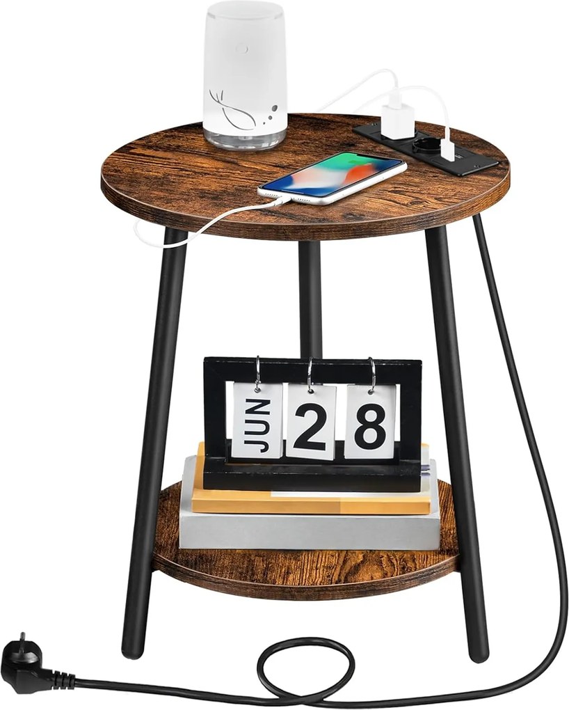 Kulatý odkládací stolek Vasagle Leky 40 cm s nabíjecí stanicí hnědý/černý