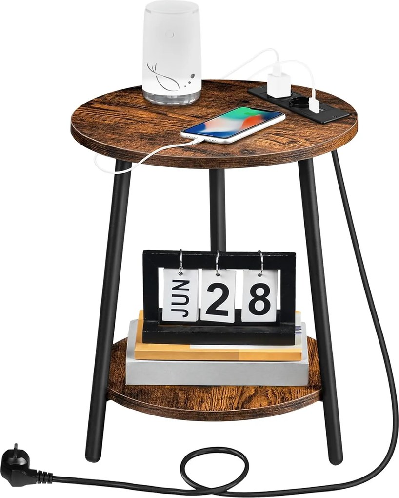 Okrúhly odkladací stolík Vasagle Leky 40 cm s nabíjacou stanicou hnedý/čierny