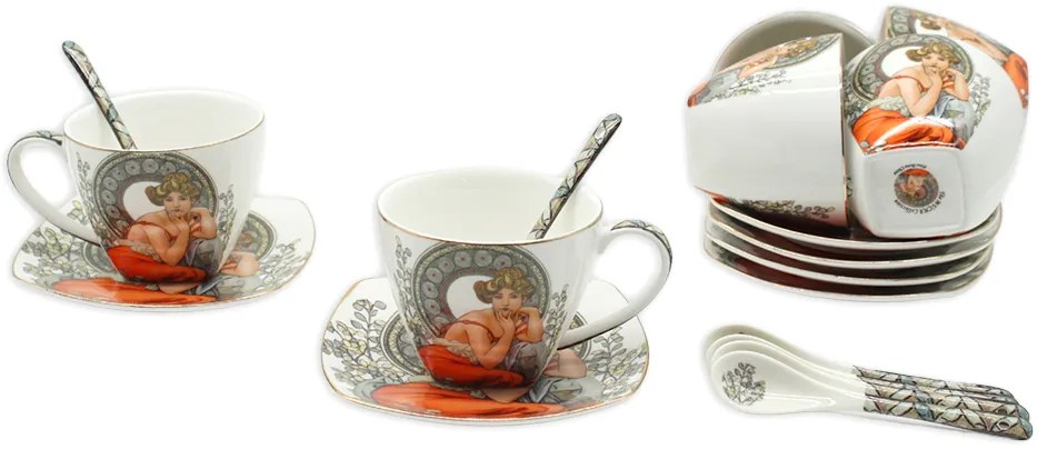 HOME ELEMENTS Súprava 6 kusov - šálky 250 ml s podšálkami a lyžičkami, Mucha