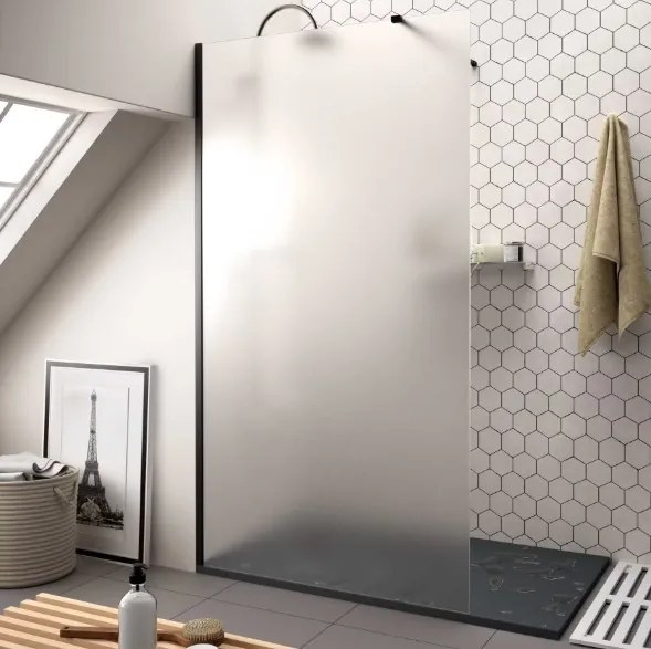 Erga Paris, sprchová zástena Walk-In 140x200 cm, 8mm sklo námraza, čierny profil, ERG-V02-PARIS-140x200-FR-BK