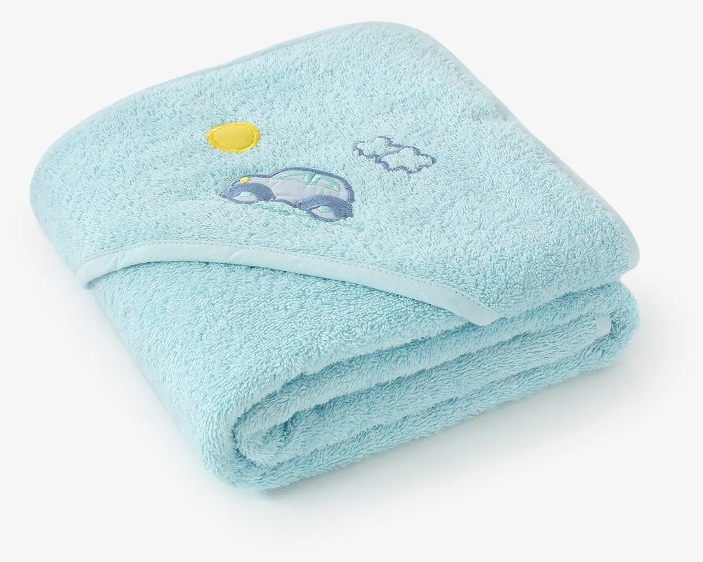 Goldea detská froté osuška s kapucňou - autíčko na modrej 100 x 100 cm