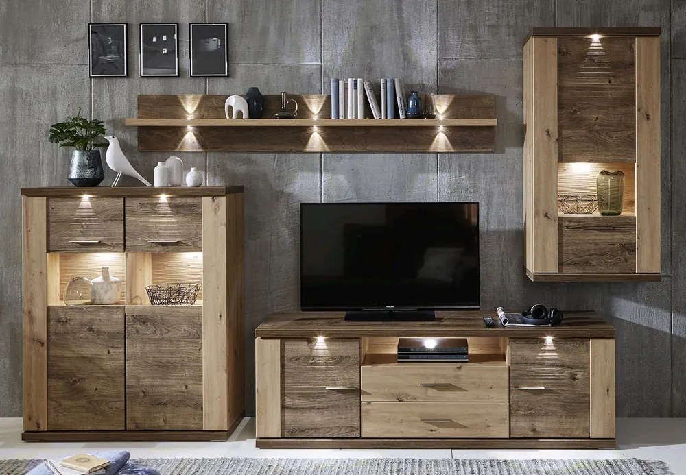 Obývacia stena Grande, dub artisan / dub Ribbeck, s osvetlením