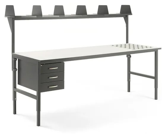 Dielenský stôl Cargo s valčekmi, 2400x750 mm, 3 zásuvky + vrchná polica