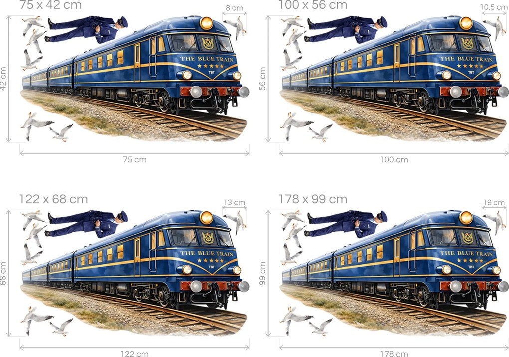 Vlak The blue train textilné prelepovacie nálepky na stenu arch 75 x 42 cm
