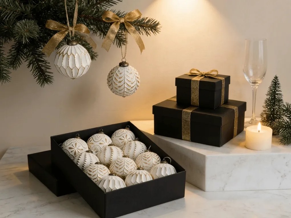 Súprava 12 ks vianočných ozdôb GOLD FESTIVE 7 cm, biele/zlaté