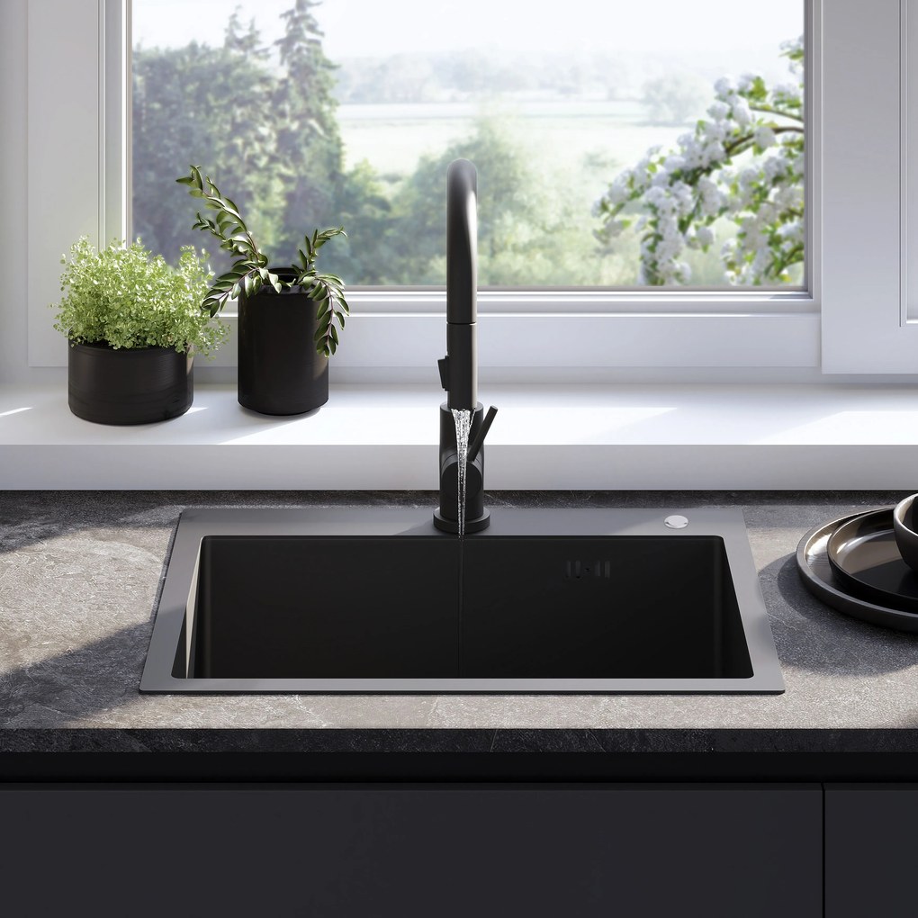 Rea Liam, oceľový kuchynský drez 530x450x200mm + sifón, čierna matná, ZLE-06008