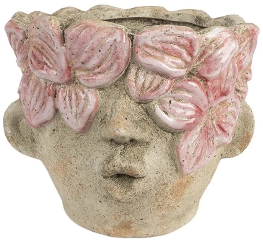 Béžový antik obal na kvetináč hlava ženy s kvetmi Danaé - Ø 18*15 cm