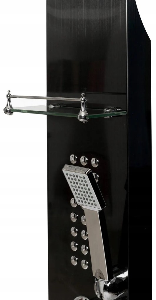 Sprchový rohový panel PIOGGIA 5v1 - s výtokom do vane a policou - čierny matný