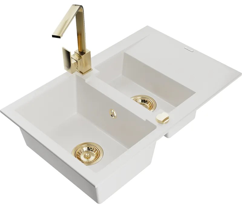 Mexen Gaspar, granitový drez 737x475x177 mm, 1,5-komorový a zlatá batéria Rita, biela, 6507-20-670300-50