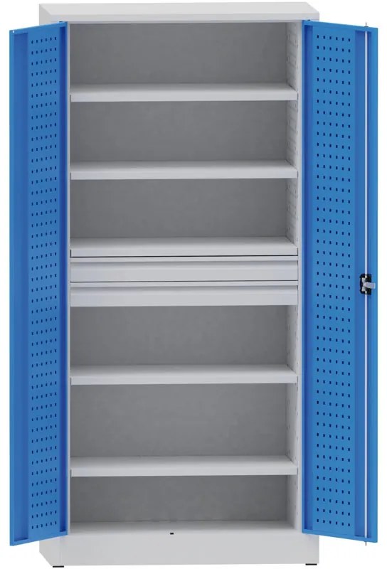 Dielenská kovová skriňa na náradie KOVONA, 4 police, 2 zásuvky, zváraná, nosnosť 80 kg, 950 x 500 x 1950 mm