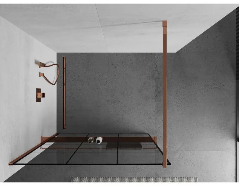 Mexen Kioto, sprchová zástena s poličkou a držiakom na uteráky 100 x 200 cm, 8mm číre sklo s čiernym vzorom, profil ružové zlato, 800-100-121-60-77