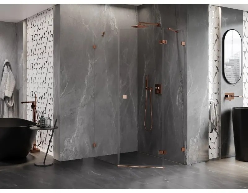 Mexen Lunar, pravý výklopný päťuholníkový sprchový kút 80 x 90 cm, 8mm číre sklo, profil ružové zlato, 831-080P-090L-60-00-P