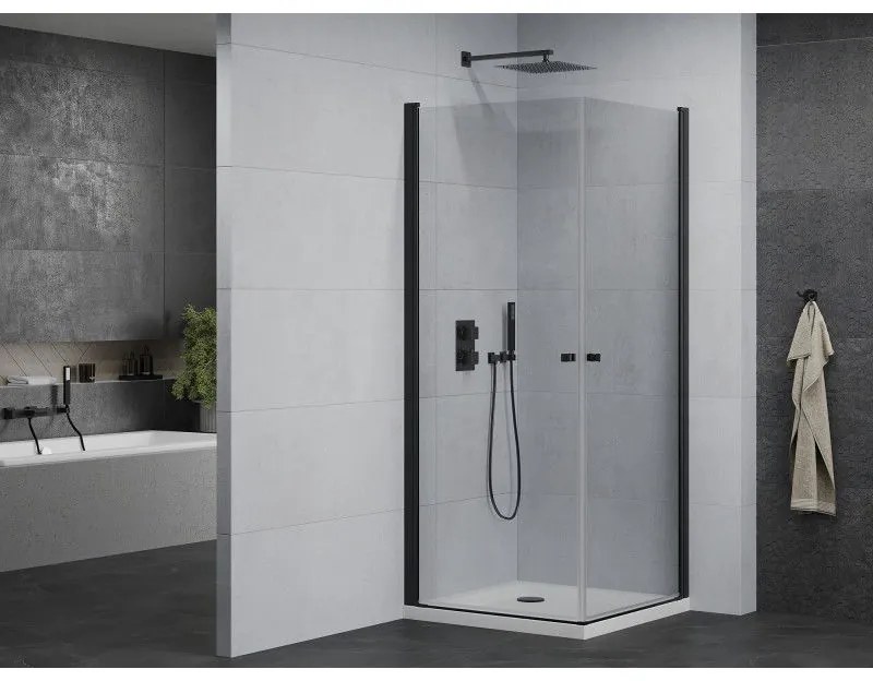 Mexen Pretoria Duo, sprchovací kút s 2-krídlovými dverami 70 (dvere) x 70 (dvere) cm, 6mm číre sklo, čierny profil + slim sprchová vanička 5cm biela s čiernym sifónom, 852-070-070-70-02-4010B