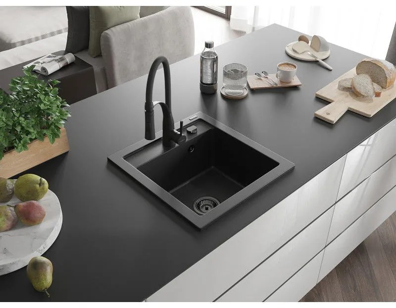 Mexen Vito, 1-komorový granitový drez 490x520x210 mm a drezová batéria Aster, čierna, 6503-77-73450-70-B