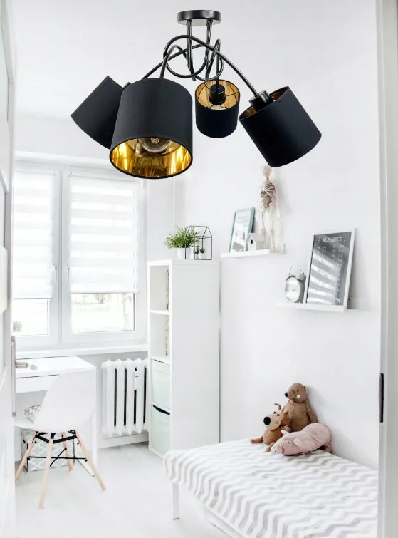 Závesná lampa na strop LOFT, zvité zlaté tienidlo, 4xe27, do izby, lustera