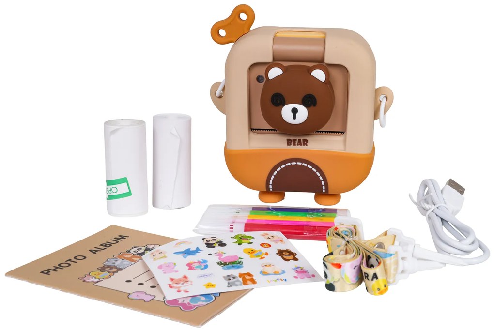 Detský fotoaparát s tlačiarňou – Medveď alebo Kačka + fixky a nálepky Tvar: Medvedík