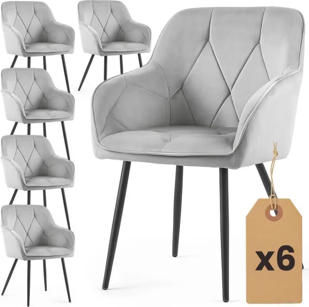 Sada šiestich jedálenských stoličiek DIAMANTE zamatové, sivé / čierne nohy (6 ks)