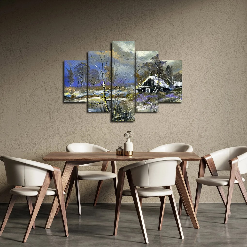 Obraz chalúpky v zimnej krajine, olejomaľba (150x105 cm)