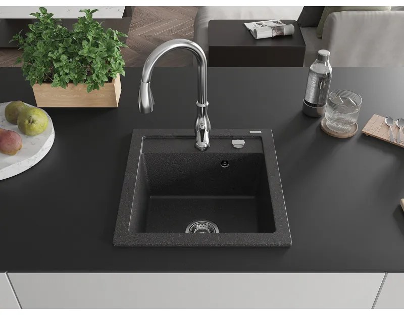 Mexen Vito, 1-komorový granitový drez 520x490x210 mm a drezová batéria Savita, čierna škvrtnitá, 6503-76-672601-00
