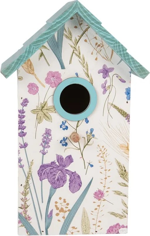 Bielo-modrá drevená vtáčia búdka s kvetmi Birdhouse - 15*10*22 cm