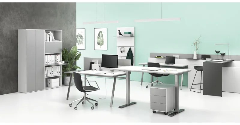 PLAN Výškovo nastaviteľný stôl SINGLE LAYERS, 160x80 cm, 2 motory, s prepážkami, biela/sivá