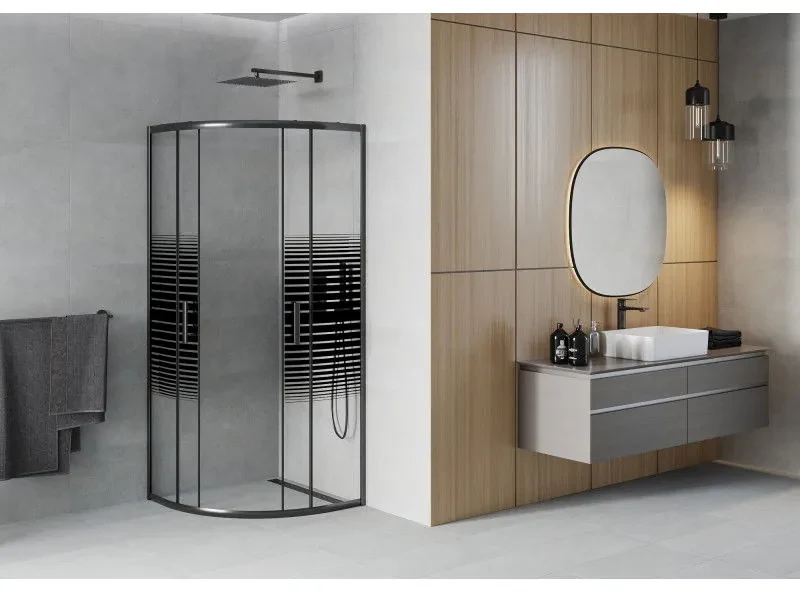 Mexen Rio, štvrťkruhový sprchovací kút s posuvnými dverami 70(dvere) x 70(dvere) x 190 cm, 6mm číre sklo s pásikmi, čierny profil, 863-070-070-70-20