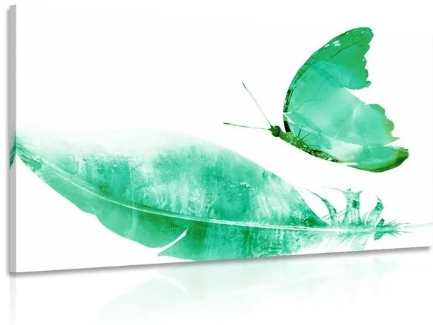 Obraz pierko s motýľom v zelenom prevedení - 60x40